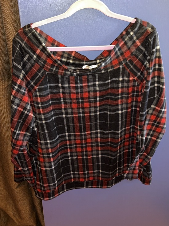 Ricki's Tops - Ricki's Red and Black Plaid Boatneck Sweatshirt